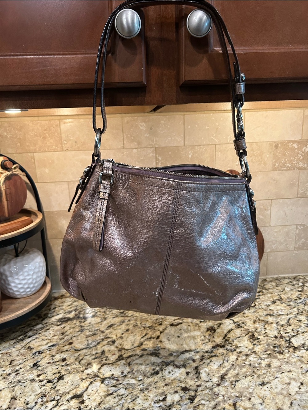 Coach Brown Metallic Patent Leather Hobo Crossbody Purse Handbag D1076-15728